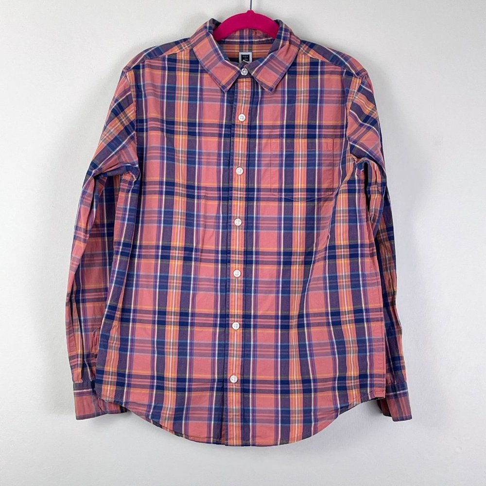Janie and Jack Pink Plaid Button Down Shirt with Button-Tab Sleeves Size: 10
